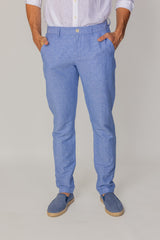 MARBELLA – Pantalon Lin & Coton – Homme - Bleu Indigo Mini Rayures