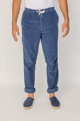 BELLAGIO - Pantalon Velours Côtelé Coton Coupe Loose Taille Élastiquée – Homme - Bleu Stone