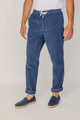 BELLAGIO - Pantalon Velours Côtelé Coton Coupe Loose Taille Élastiquée – Homme - Bleu Stone