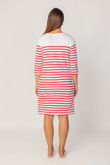 COLETTE – Robe Marinière Coton Manches 3/4 Col Rond – Femme - Ecru/Rouge
