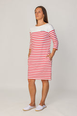 COLETTE – Robe Marinière Coton Manches 3/4 Col Rond – Femme - Ecru/Rouge