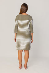 COLETTE – Robe Marinière Coton Manches 3/4 Col Rond – Femme - Kaki/Ecru