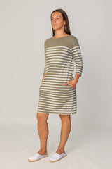 COLETTE – Robe Marinière Coton Manches 3/4 Col Rond – Femme - Kaki/Ecru