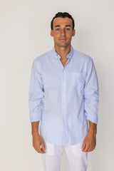 BRITISH – Chemise Lin Manches longues Coupe droite – Homme – Blanc/Ciel