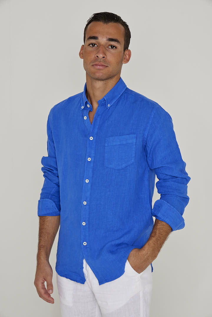 Manches Longues Chemise Bleue Roi Homme Chemise En Lin Homme Bleu Roi