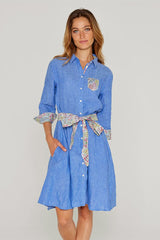 CLÉMENTINE – Robe Lin/Liberty Manches 3/4 Taille ajustée Bas évasé – Femme – Bleu Indigo Chiné/Kensington Park 136A