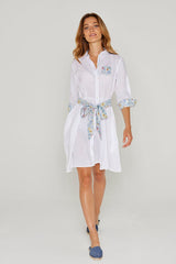 CLÉMENTINE – Robe Lin/Liberty Manches 3/4 Taille ajustée Bas évasé – Femme – Blanc/Garden of life 101A
