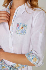 CLÉMENTINE – Robe Lin/Liberty Manches 3/4 Taille ajustée Bas évasé – Femme – Blanc/Garden of life 101A