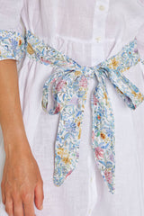 CLÉMENTINE – Robe Lin/Liberty Manches 3/4 Taille ajustée Bas évasé – Femme – Blanc/Garden of life 101A