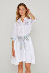 CLÉMENTINE – Robe Lin/Liberty Manches 3/4 Taille ajustée Bas évasé – Femme – Blanc/Garden of life 101A