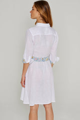 CLÉMENTINE – Robe Lin/Liberty Manches 3/4 Taille ajustée Bas évasé – Femme – Blanc/Garden of life 101A
