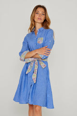 CLÉMENTINE – Robe Lin/Liberty Manches 3/4 Taille ajustée Bas évasé – Femme – Bleu Indigo Chiné/Kensington Park 136A