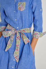 CLÉMENTINE – Robe Lin/Liberty Manches 3/4 Taille ajustée Bas évasé – Femme – Bleu Indigo Chiné/Kensington Park 136A