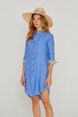 LAURENS – Tunique Lin Chiné Manches 3/4 Coupe évasée – Femme – Bleu Indigo