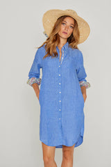 LAURENS – Tunique Lin Chiné Manches 3/4 Coupe évasée – Femme – Bleu Indigo