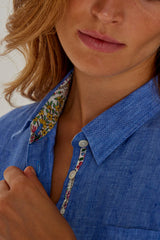 LAURENS – Tunique Lin Chiné Manches 3/4 Coupe évasée – Femme – Bleu Indigo