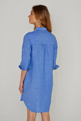LAURENS – Tunique Lin Chiné Manches 3/4 Coupe évasée – Femme – Bleu Indigo