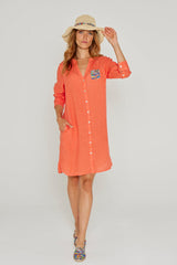 LAURALLY – Robe Lin Opp. Liberty Manches 3/4 Coupe Évasée – Femme – Orange