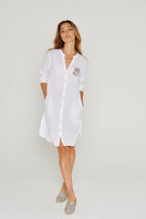 LAURALLY – Robe Lin Opp. Liberty Manches 3/4 Coupe Évasée – Femme – Blanc