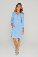 LAURALLY – Robe Lin Opp. Liberty Manches 3/4 Coupe Évasée – Femme – Bleu Ciel