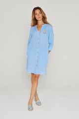 LAURALLY – Robe Lin Opp. Liberty Manches 3/4 Coupe Évasée – Femme – Bleu Ciel