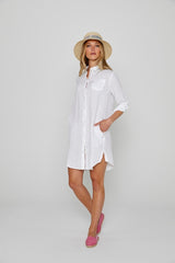 LAURENL – Tunique Lin Opp.Liberty Manches 3/4 Coupe évasée – Femme – Blanc/Kensington Park 136A