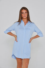LAURENKI – Tunique Coton Jersey Élasthanne – Manches 3/4 Coupe Évasée – Coupe Droite – Femme – Bleu Ciel