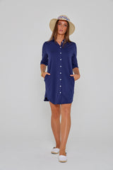 LAURENKI – Tunique Coton Jersey Élasthanne – Manches 3/4 Coupe Évasée – Coupe Droite – Femme – Bleu Marine
