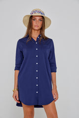 LAURENKI – Tunique Coton Jersey Élasthanne – Manches 3/4 Coupe Évasée – Coupe Droite – Femme – Bleu Marine