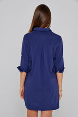 LAURENKI – Tunique Coton Jersey Élasthanne – Manches 3/4 Coupe Évasée – Coupe Droite – Femme – Bleu Marine