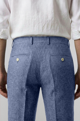 MARBELLA – Pantalon Lin & Coton – Homme - Bleu Indigo Mini Rayures