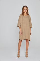 REBECA – Robe 100% Lin Oversize Manches 3/4 Col V – Femme – Havane