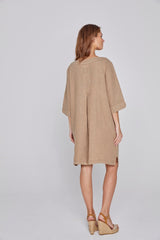 REBECA – Robe 100% Lin Oversize Manches 3/4 Col V – Femme – Havane