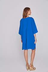 REBECA – Robe 100% Lin Oversize Manches 3/4 Col V – Femme – Bleu Royal