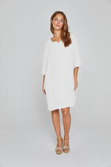 REBECA – Robe 100% Lin Oversize Manches 3/4 Col V – Femme – Blanc