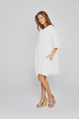 REBECA – Robe 100% Lin Oversize Manches 3/4 Col V – Femme – Blanc