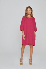 REBECA – Robe 100% Lin Oversize Manches 3/4 Col V – Femme – Cerise