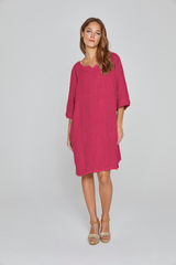 REBECA – Robe 100% Lin Oversize Manches 3/4 Col V – Femme – Cerise