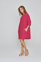 REBECA – Robe 100% Lin Oversize Manches 3/4 Col V – Femme – Cerise