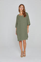 REBECA – Robe 100% Lin Oversize Manches 3/4 Col V – Femme – Kaki