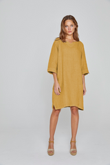 REBECA – Robe 100% Lin Oversize Manches 3/4 Col V – Femme – Safran