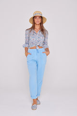 ZABOU – Pantalon Lin Coupe Droite – Femme – Ciel