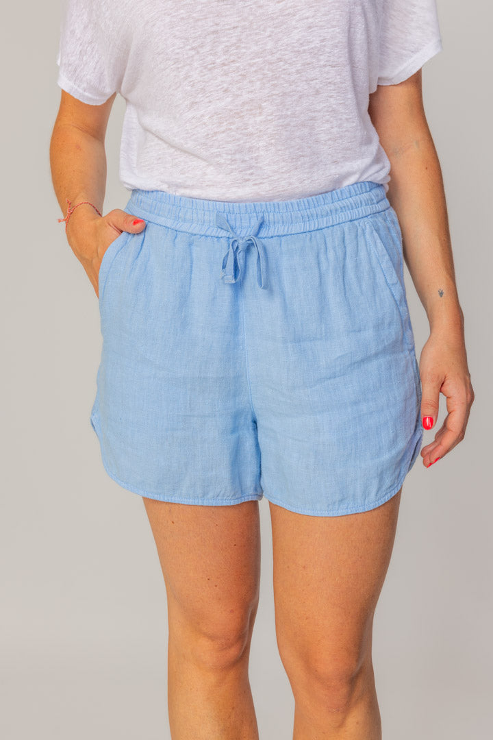 VICTORIA - Short En Lin Taille Élastique Coupe Droite - Femme - Bleu Ciel