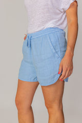 VICTORIA - Short En Lin Taille Élastique Coupe Droite - Femme - Bleu Ciel