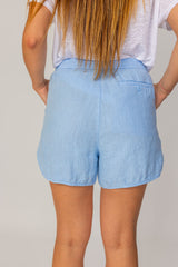 VICTORIA - Short En Lin Taille Élastique Coupe Droite - Femme - Bleu Ciel