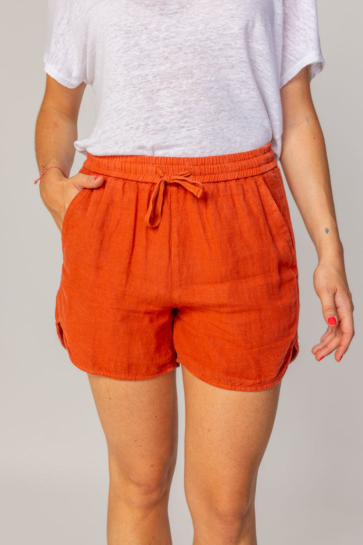 VICTORIA - Short En Lin Taille Élastique Coupe Droite - Femme - Rouille