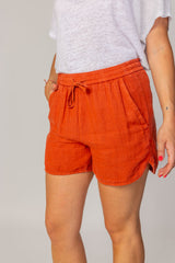 VICTORIA - Short En Lin Taille Élastique Coupe Droite - Femme - Rouille