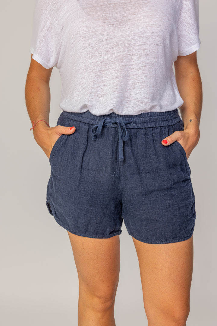 VICTORIA - Short En Lin Taille Élastique Coupe Droite - Femme - Bleu Marine