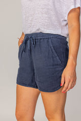 VICTORIA - Short En Lin Taille Élastique Coupe Droite - Femme - Bleu Marine