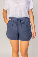 VICTORIA - Short En Lin Taille Élastique Coupe Droite - Femme - Bleu Marine